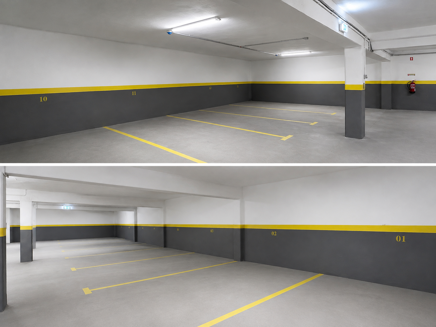Interior da garagem — lugares numerados e marcações no piso